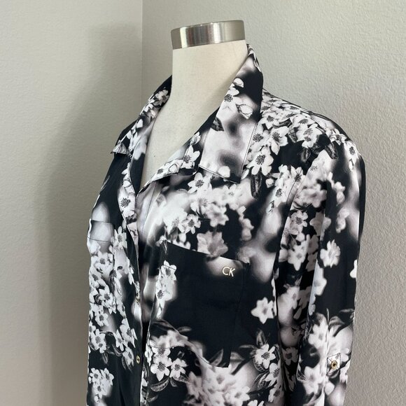 Calvin Klein Womens XL Floral Button Up Shirt Roll Tab Sleeve Blouse Top - Picture 3 of 13